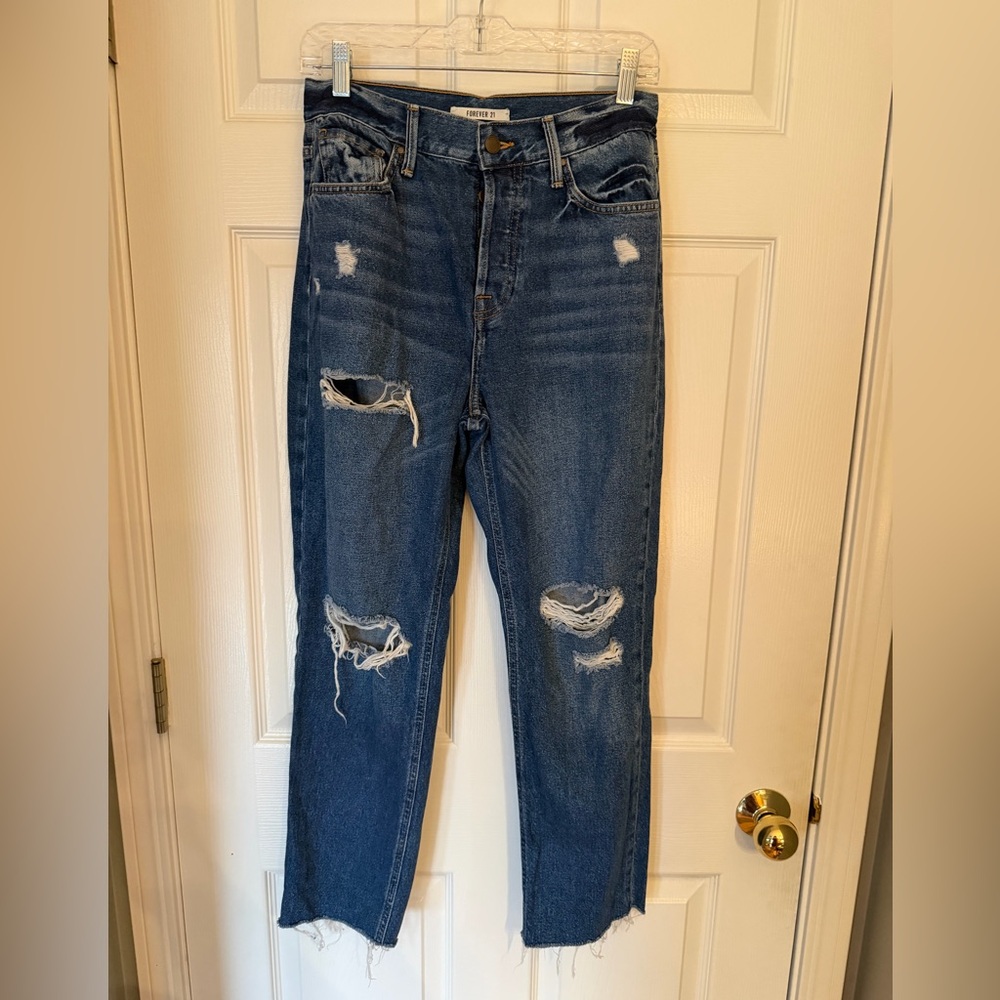 Forever 21 Distressed Denim Straight Leg Jeans